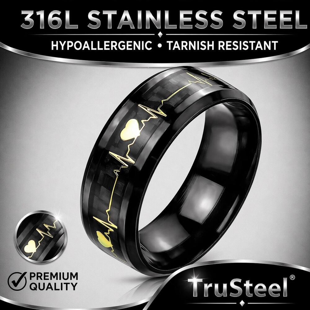 Gold Heart Beat Inlaid Center Black 316L Stainless Steel Band 8mm width size 11